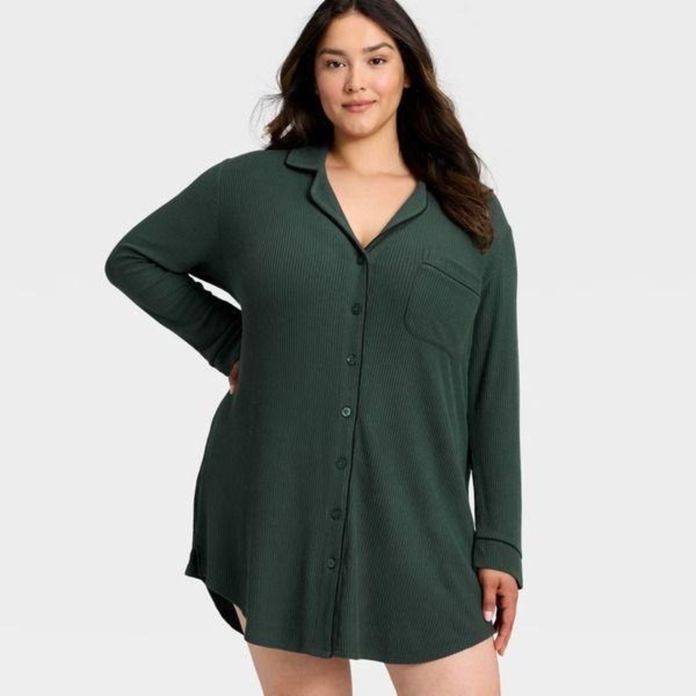 Auden Womens 2X Forest Green Ribbed Button Up Long Sleeve Nightgown Sleep Shirt